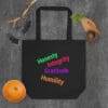 Colorful tote bag with positive words.