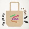 Tote bag featuring words of virtue.