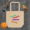 Tote bag with virtues written on it.