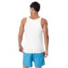 Man wearing a white tank top, blue shorts.