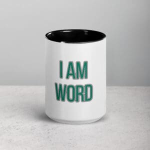 White mug with green text design.