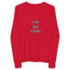 Red long-sleeve shirt with text design.
