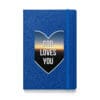 Blue notebook with "God Loves You" design.